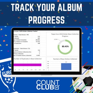 A laptop with an excel spreadsheet with progress graphs relating to the number of stickers collected within the Topps 2024 Euro Sticker Album. the laptop is surrounded by confetti and a football. A logo mark is at the centre middle for Count Club.