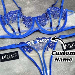 Conjunto de lencería con bordado de malla de flores y tanga con nombre personalizado, tanga personalizada con letras y conjunto de sujetador, tanga con nombre personalizado, tanga con nombre personalizado