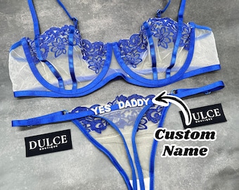 Custom Name Thong Flower Mesh Embroidery Lingerie Set, Custom Thong With Letter & Bra Set, Custom Name Thong, Personalised Name Thong