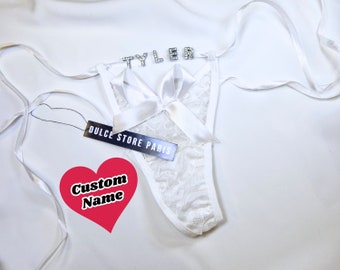 Lace Thong With Crystal Letter Name, Personalized Thong with Name, Couple Gift, Gift For Husband, Gift For Boyfriend