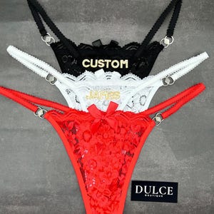 Tanga con nombre personalizado, Tanga con nombre personalizado, Tanga de encaje con nombre personalizado y letra de cristal, Regalo para él