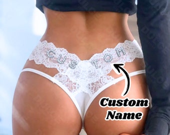 Personalised Thong with Name, Lace Thong With Crystal Letter Name, Custom Thong, Couple Gift, Gift For Husband, Gift For Boyfriend