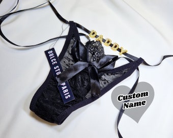 Custom Lace Thongs with Jewelry Crystal Letter Name Gift for Her