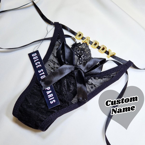 Custom Lace Thongs with Jewelry Crystal Letter Name Gift for Her