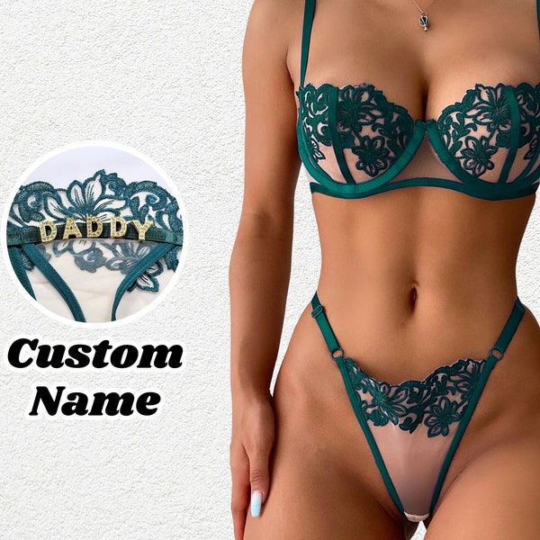 Custom Lingerie Set, Customize Name Bra Thong, Personalized Lace Bra Thong, Perfect Couple Gift, Anniversary Gift, Bridesmaid Gift