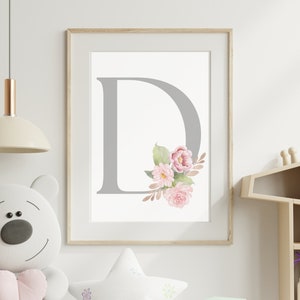 Letra D / Arte de pared de monograma gris, ramo floral de impresión inicial, arte de vivero floral rosa, monograma imprimible, habitación de niñas, impresión de guardería