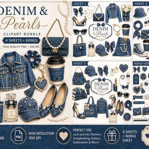 Denim Pearl Clipart Bundle PNG | Coquette Fashion Graphics (digital nedladdning)