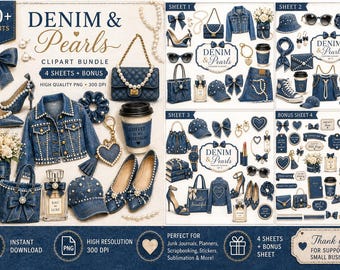 Denim Pearl Clipart Bundle PNG | Coquette Fashion Graphics (digital nedladdning)
