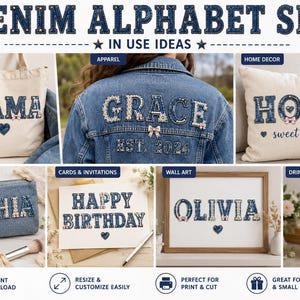 May include: A digital denim alphabet set featuring letters with a blue denim texture, white stitching, and pearl accents. The image displays various applications including a tote bag, denim jacket, cushion, pencil case, card, wall art, and tumbler.
