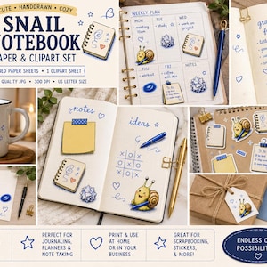 May include: A snail-themed notebook and clipart set with the text "Snail Notebook Paper & Clipart Set". The set includes lined paper sheets and clipart. The image shows a mug, notebooks, and stickers with snail illustrations in blue and yellow.