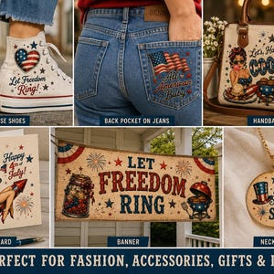 Puede incluir: Colección de artículos con temática patriótica, que incluye zapatillas Converse de caña alta, vaqueros con bolsillo con la bandera americana, un bolso, una tarjeta de felicitación, una pancarta y un collar. Los artículos presentan colores e imágenes rojos, blancos y azules.