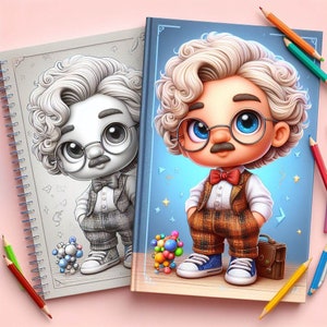 Pode incluir: Um livro para colorir com uma ilustração de desenho animado de uma pessoa com cabelo loiro encaracolado usando óculos, um colete xadrez e uma gravata borboleta. A pessoa está segurando uma pasta e está de pé ao lado de um modelo molecular colorido. O livro está aberto em uma página com um contorno em preto e branco da mesma ilustração.
