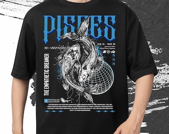 May include: Black t-shirt featuring a Pisces design with two fish, the text "Pisces," and the phrase "The Empathetic Dreamer" in blue. The design includes the dates Feb 19 - Mar 20 and additional text. The shirt is available in black and white PNGs.