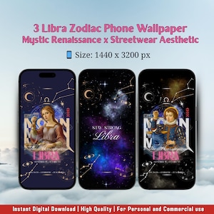 Może przedstawiać: Trzy tapety na telefon przedstawiające ilustrację w stylu renesansowym znaku zodiaku Wagi na ciemnoniebieskim tle z złotymi gwiazdami i galaktyką. Na jednej z tapet widnieje tekst "STAY STRONG Libra".