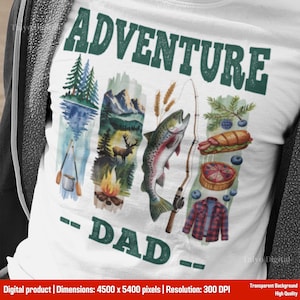 Abenteuer Papa PNG Pinselstrich Sublimationsentwurf für Vatertag Aquarell Camping Angeln Grafik Geschenk für T-Shirts, Tassen, Tragetaschen