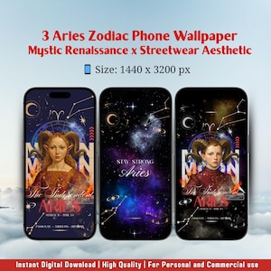 Mystic Aries Zodiac Art Phone Wallpaper: Renaissance Astrology Digital Downloads for iPhone & Android - Gift for Astrology Lovers (Set of 3)