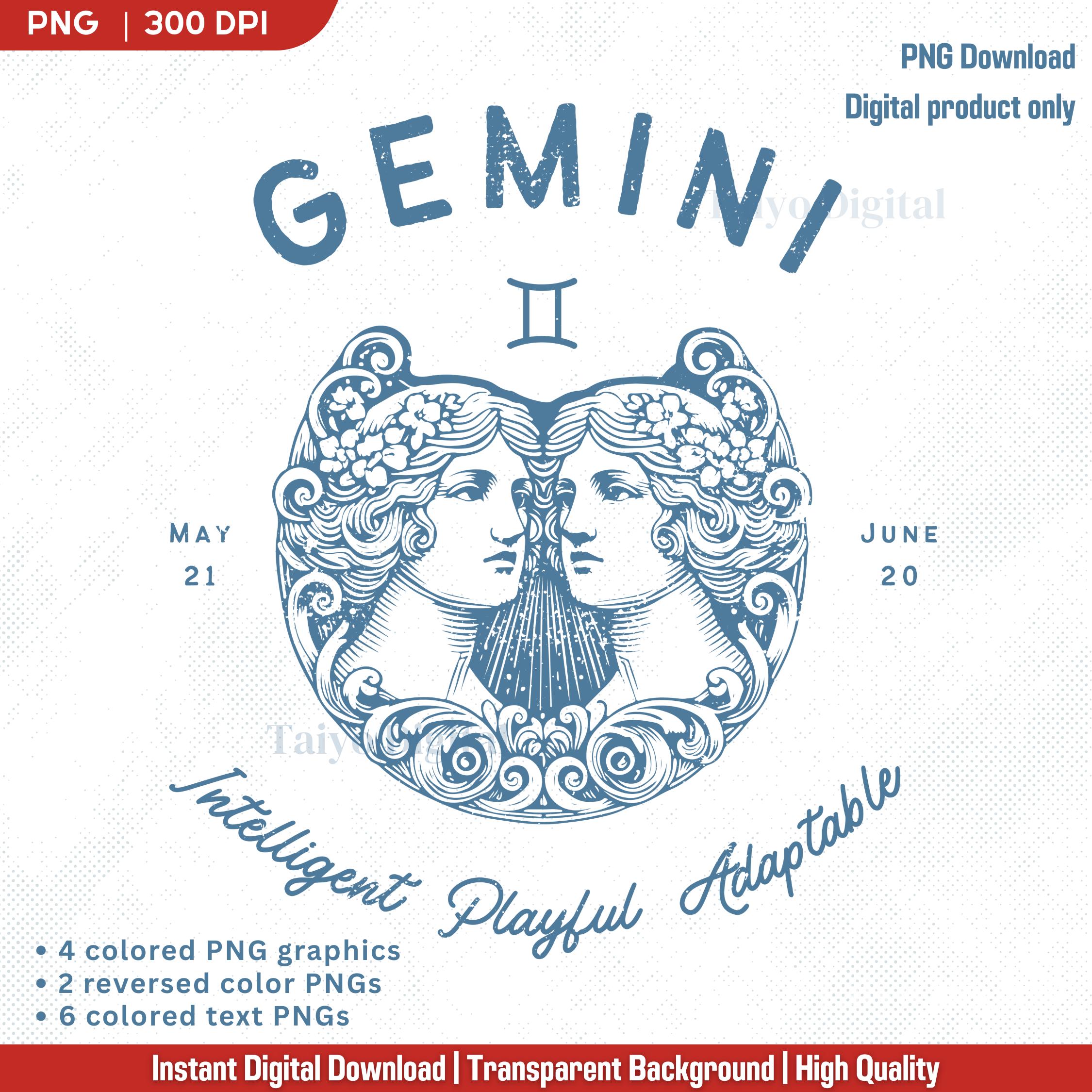Gemini Zodiac Sign Vintage PNG Clipart: Astrology T-shirt Design