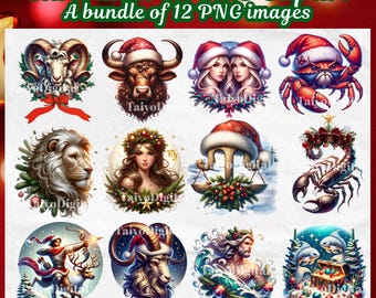 Clipart del Zodíaco Navideño: 12 Signos Astrológicos Festivos PNG (Descarga Digital)