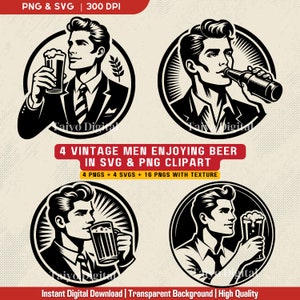 Vintage Men Drinking Beer Clipart: 50s Retro Design (SVG, PNG)