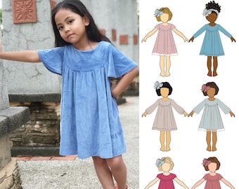 Girls Knit Fabric Dress Pattern Printable PDF includes Projector File - SIX sleeve options - sizes 1 through 10 - PDF download