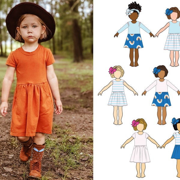 Girls Dress Pattern for Knit Fabric - POCKETS PDF download includes Projector File and A0 - 1 – 10 years - Topaz Dress