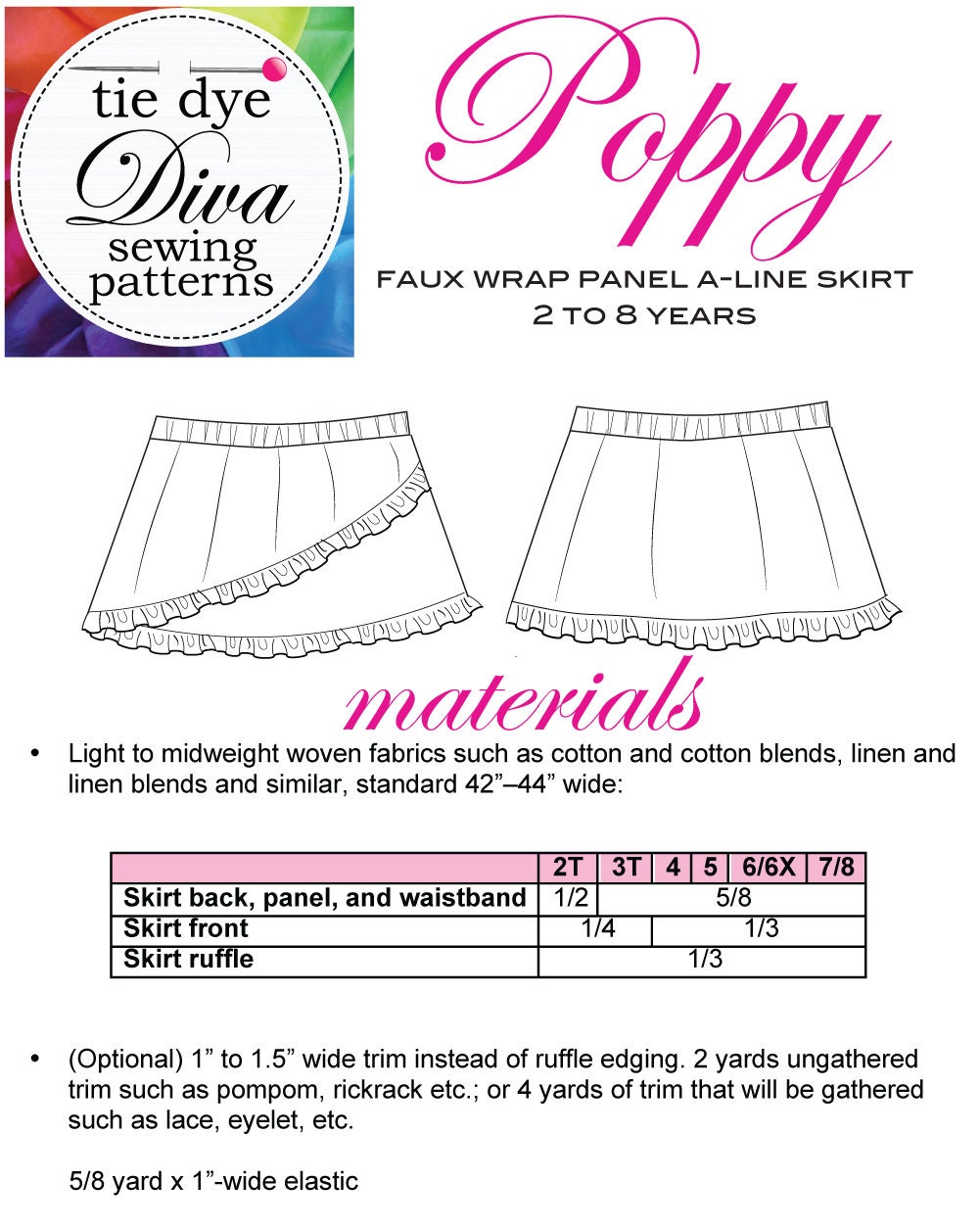 Girls Skirt Pattern 2 to 8 Years, Easy to Sew Pull on Panel Skirt ...