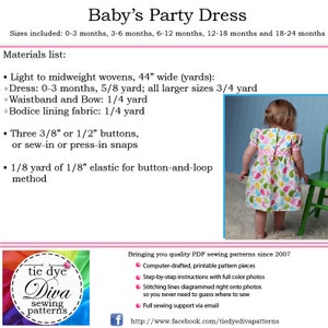 May include: A PDF sewing pattern for a baby's party dress. The pattern includes instructions for sizes 0-3 months, 3-6 months, 6-12 months, 12-18 months, and 18-24 months. The pattern is computer-drafted and includes full-color photos.