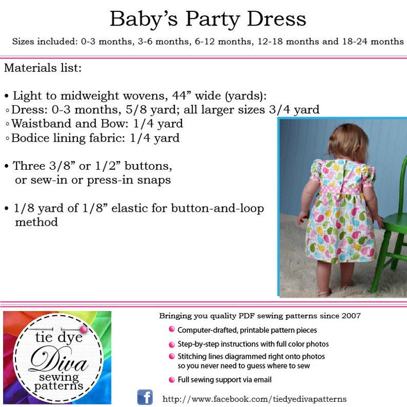 May include: A PDF sewing pattern for a baby's party dress. The pattern includes instructions for sizes 0-3 months, 3-6 months, 6-12 months, 12-18 months, and 18-24 months. The pattern is computer-drafted and includes full-color photos.