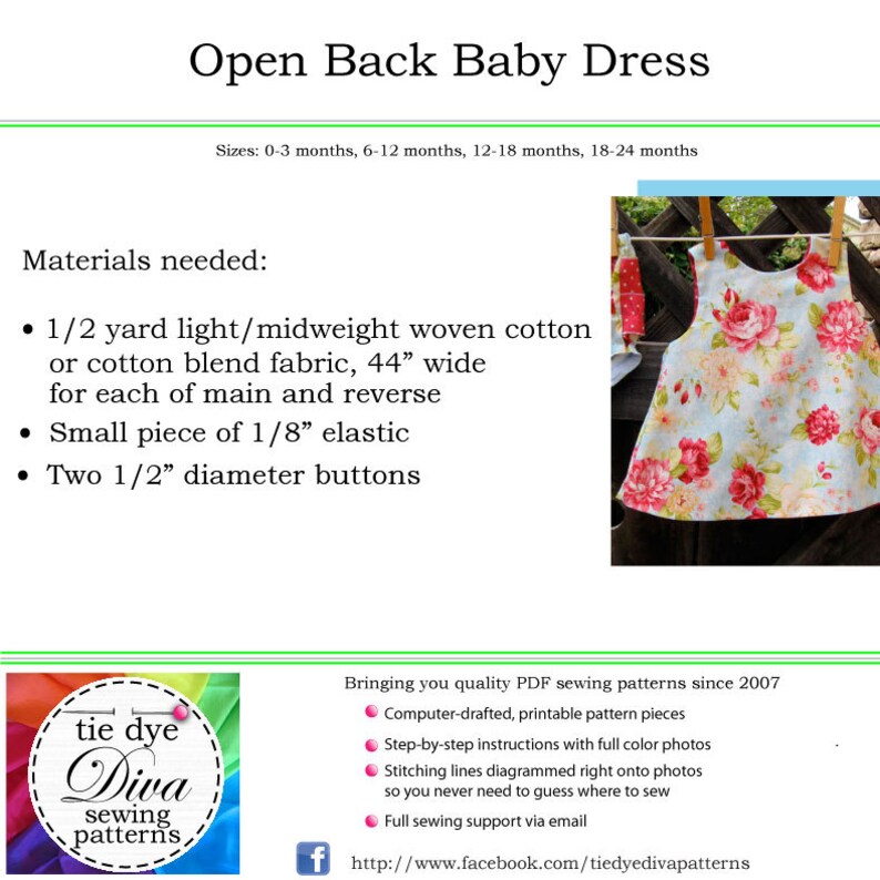 May include: A light blue baby dress with a floral pattern of pink and yellow roses. The dress is hanging on a clothesline. The image also includes text that says "Open Back Baby Dress" and "Sizes: 0-3 months, 6-12 months, 12-18 months, 18-24 months."