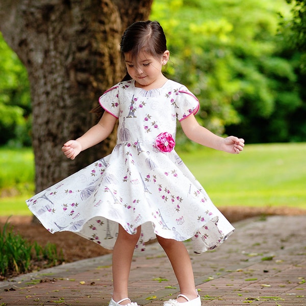 Girls Twirl Dress Pattern - Tulip Sleeves, Circle Skirt and Sash - 2 to 10 years - Downloadable Sewing Pattern