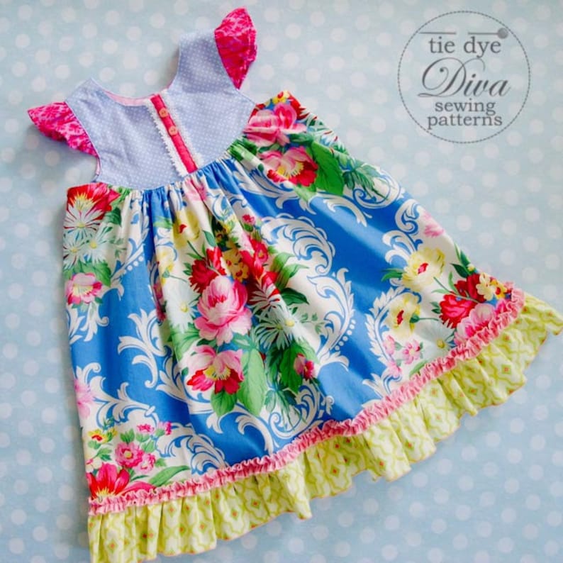 Patrón de vestido de niña con manga ondulada Patrón de costura PDF descargable para vestido de niña 1 a 10 años imagen 2