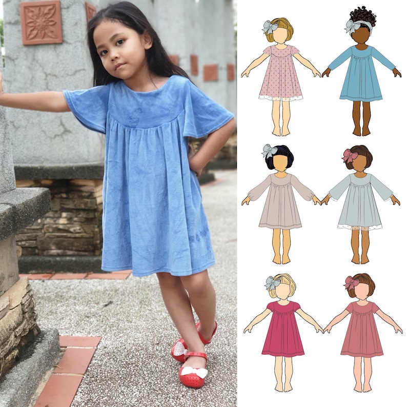 Girls Knit Fabric Dress Pattern Printable PDF includes Projector File SIX sleeve options sizes 1 through 10 PDF download image 1