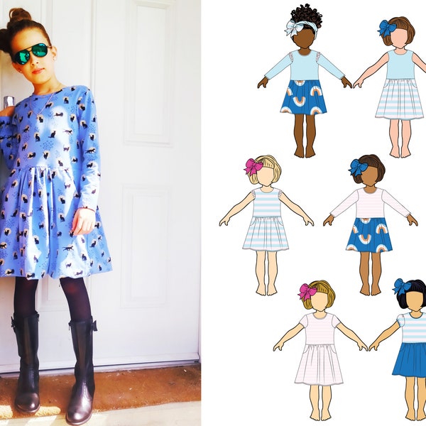 PROJECTOR SEWING FILE - Girls Dress Pattern tailles 1 - 10 ans pour Knit Fabric - comprend l’impression à la maison et A0