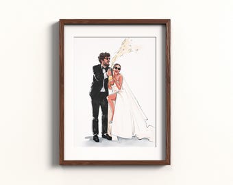 Pode incluir: Uma ilustração em aquarela de um casal em um cenário de casamento. O noivo está vestindo um smoking preto e a noiva está vestindo um vestido de noiva branco. Eles estão abrindo uma garrafa de champanhe e sorrindo.