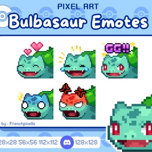Könnte beinhalten: Ein Set aus sechs Pixel-Art-Emojis mit einem grünen, roten und blauen Bisasam mit verschiedenen Gesichtsausdrücken. Die Emojis sind mit dem Text "GG!!", "by: Frenchpixelle" und "28x28 56x56 112x112 128x128" beschriftet.