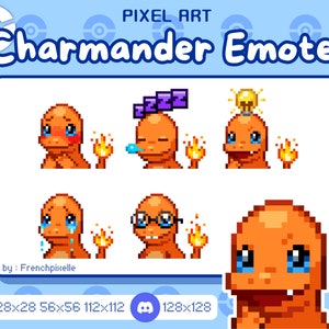 May include: A set of pixel art emotes featuring Charmander, a Pokemon character. The emotes show Charmander with different expressions, including blushing, crying, sleeping, thinking, and wearing glasses. The emotes are in various sizes, including 28x28, 56x56, 112x112, and 128x128 pixels.