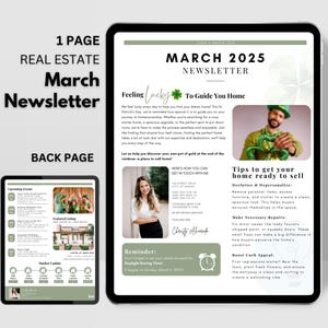 Newsletter de mars sur l'immobilier | Newsletter de mars | Bulletin mensuel de l'immobilier | Mailer pour agent immobilier Canva | Bulletin d'information saisonnier | Domaine agricole