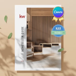以下が含まれることがあります： 表紙に「kw」と「HOMESELLER GUIDE」の文字が書かれた白と赤のパンフレット。パンフレットには、木製の壁と白い椅子のあるモダンなインテリアの写真が掲載されています。パンフレットには、「Canva」と「NAR FRIENDLY」の文字が書かれたバッジも2つ付いています。