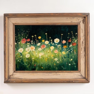 Oil Painting of Dark Cottagecore Wildflower Field | Warm Spring Light & Emerald Green Landscape | Cozy Nature Art Digital Printable
