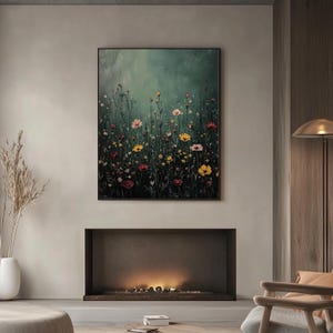 Vintage Botanical Landscape - Dark Cottagecore Wildflower Field Art, Modern Farmhouse Decor, Emerald Green Digital Download