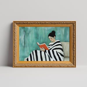 Book Lover Art Print: Cozy Woman Reading Scene, Emerald Green Decor (Digital Download)