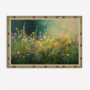 Oil Painting of Wildflower Field with Yellow and Purple Blooms | Emerald Green Spring Landscape | Nature Wall Art Digital Printable
