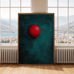 Pintura de globo rojo sobre fondo verde azulado oscuro Arte de pared caprichoso Decoración minimalista para el hogar Obra de arte moderna inspirada en aventuras