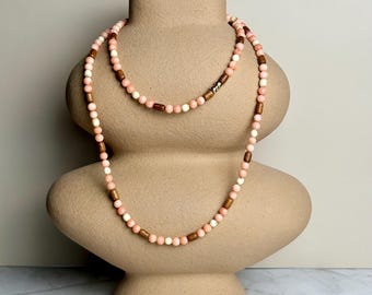Coral necklace with wood and recycled bone bead accents - long gemstone necklace