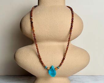 Hessonite garnet & turquoise beaded necklace - beaded gemstone jewelry