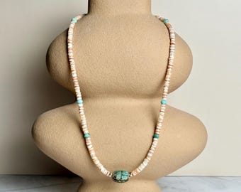 Vintage heishi shell beaded necklace with turquoise accent and scarab pendant