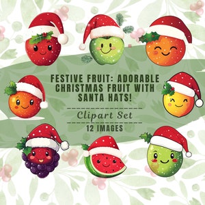 Frutas festivas: adorables imágenes prediseñadas de frutas navideñas, gorros de Papá Noel, gráficos festivos, 12 imágenes, PNG de 300 ppp, imágenes prediseñadas en acuarela