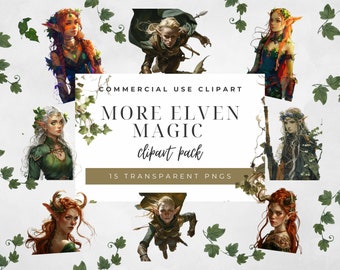 May include: A digital clipart pack featuring 15 illustrations of elves with magical elements. The illustrations are in a fantasy style and feature various elves with different hairstyles, clothing, and accessories. The text "More Elven Magic clipart pack" is displayed in the center of the image.