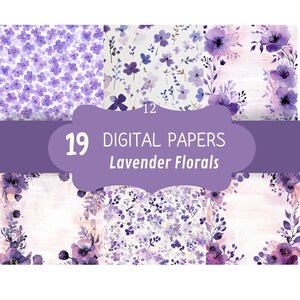 Papel digital con motivos florales de lavanda, paquete de 19 páginas, 12 x 12, 300 ppp, flores, lavanda, morados, texturas, álbum de recortes, diario basura, invitaciones