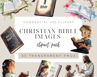 May include: A digital clipart pack of Christian Bible images. The pack includes images of open Bibles, closed Bibles, a young boy reading a Bible, a girl praying with a Bible, and Jesus with a child. The text "Holy Bible" appears on some of the Bibles. The text "65 Transparent PNGs" appears at the bottom of the image.